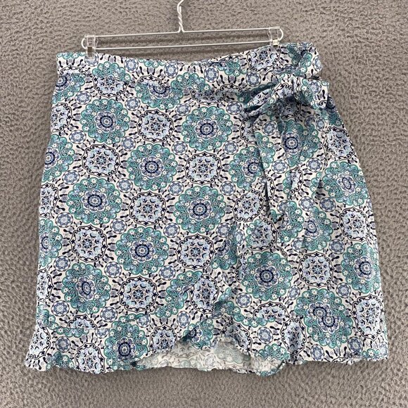 LOFT Skirt Womens 14 Blue Floral Paisley Linen Blend Faux Wrap Mini Ruffle Hem - Picture 1 of 9